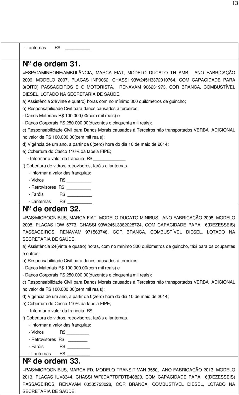 LOTADO NA SECRETARIA DE SAÚDE. RENAVAM 906231973, COR BRANCA, COMBUSTÍVEL a) Assistência 24(vinte e quatro) horas com no mínimo 300 quilômetros de guincho; - Danos Corporais R$ 250.