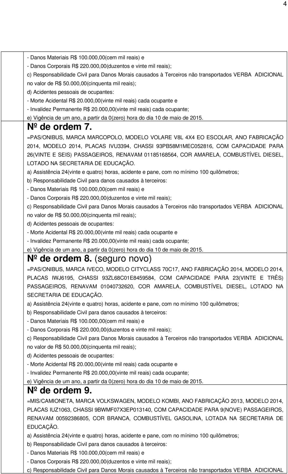 01185168564, COR AMARELA, COMBUSTÍVEL DIESEL, LOTADO NA SECRETARIA DE EDUCAÇÃO. a) Assistência 24(vinte e quatro) horas, acidente e pane, com no mínimo 100 quilômetros; - Danos Corporais R$ 220.