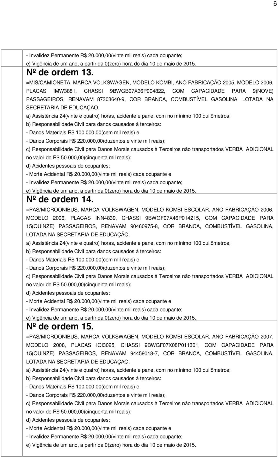 COMBUSTÍVEL GASOLINA, LOTADA NA SECRETARIA DE EDUCAÇÃO. a) Assistência 24(vinte e quatro) horas, acidente e pane, com no mínimo 100 quilômetros; - Danos Corporais R$ 220.