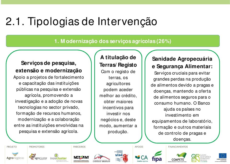 promovendo a investigação e a adoção de novas tecnologias no sector privado, formação de recursos humanos, modernização e a colaboração entre as instituições envolvidas na pesquisa e extensão