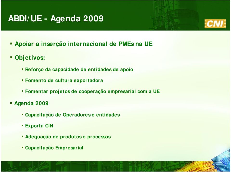 Fomentar projetos de cooperação empresarial com a UE Agenda 2009 Capacitação de