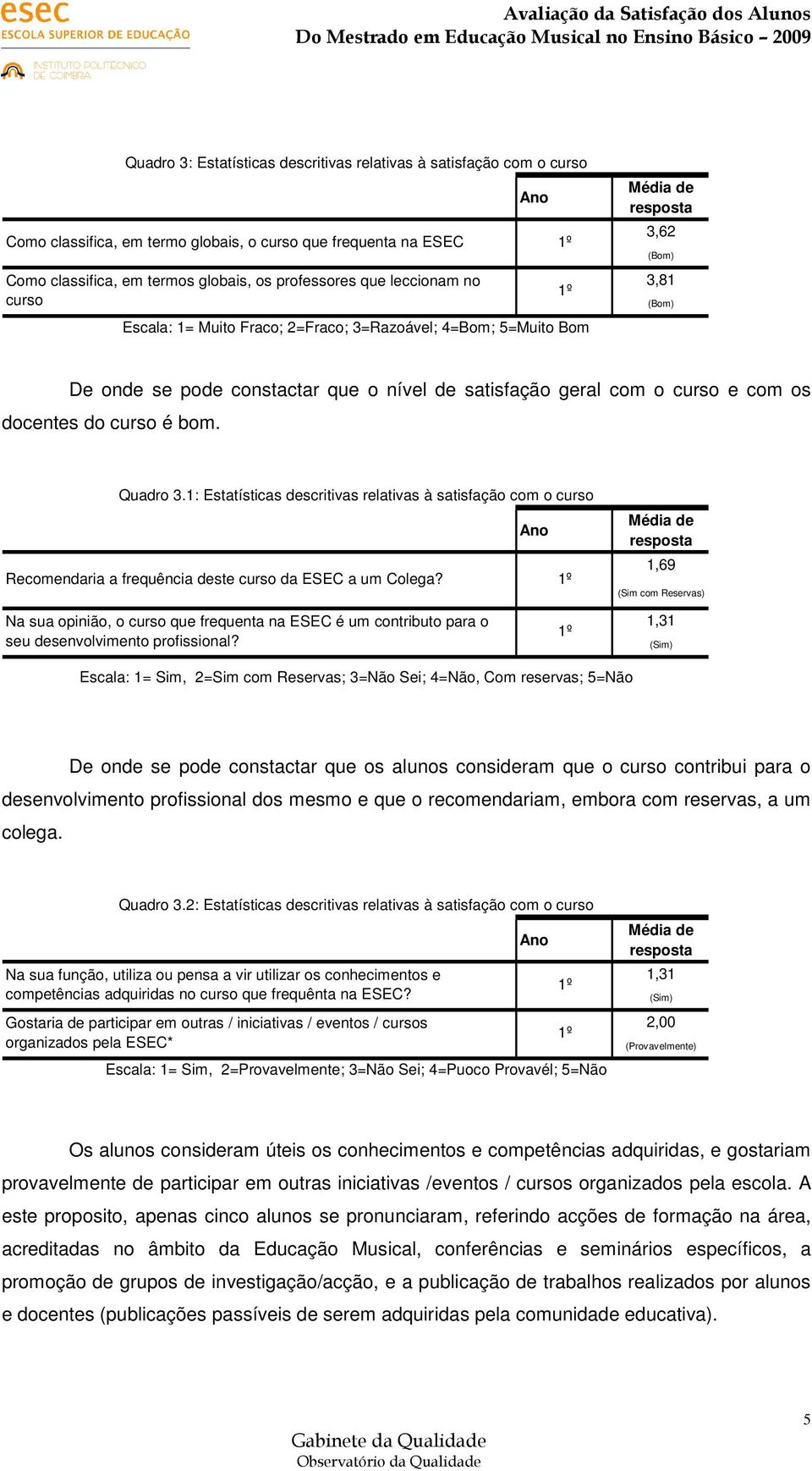 Quadro 3.1: Estatísticas descritivas relativas à satisfação com o curso Recomendaria a frequência deste curso da ESEC a um Colega?