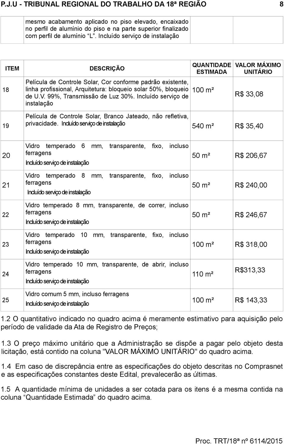 99%, Transmissão de Luz 30%. Incluído serviço de instalação QUANTIDADE ESTIMADA 100 m² VALOR MÁXIMO UNITÁRIO R$ 33,08 19 Película de Controle Solar, Branco Jateado, não refletiva, privacidade.