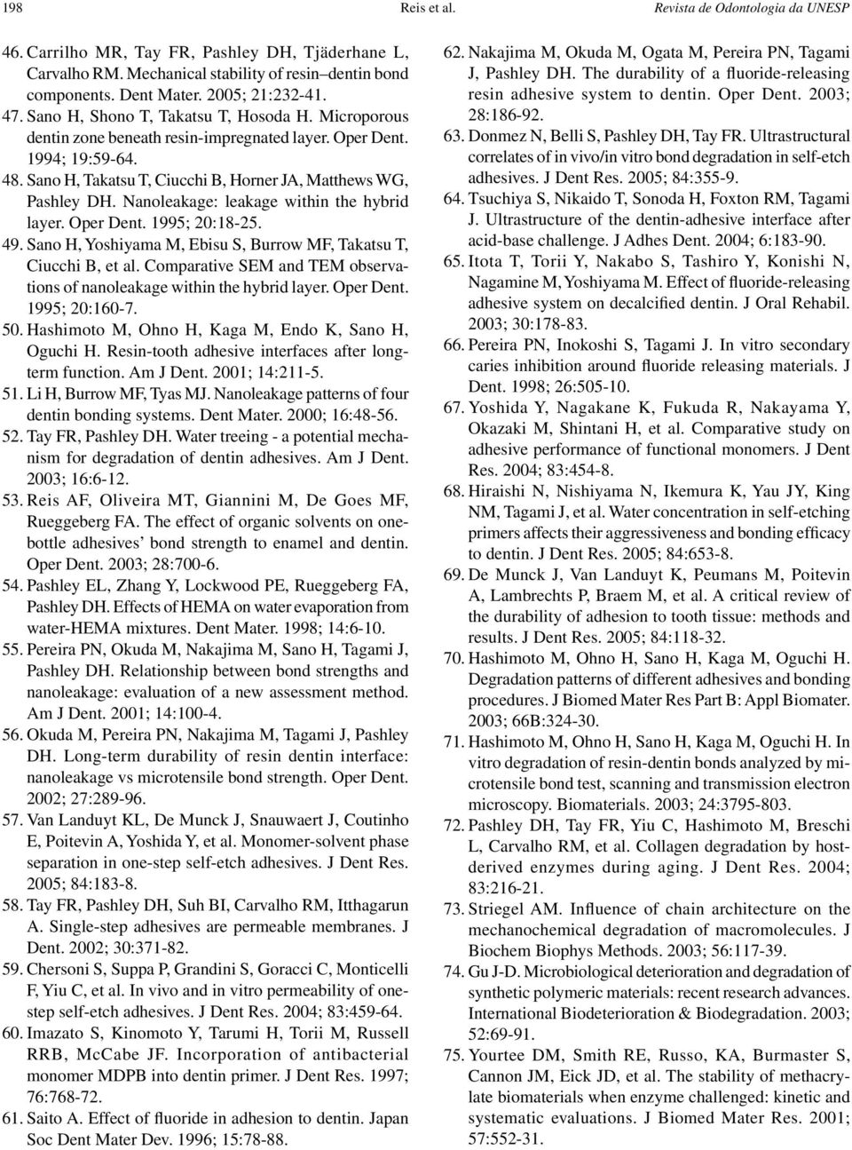 Nanoleakage: leakage within the hybrid layer. Oper Dent. 1995; 20:18-25. 49. Sano H, Yoshiyama M, Ebisu S, Burrow MF, Takatsu T, Ciucchi B, et al.