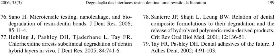 Chlorhexidine arrests subclinical degradation of dentin hybrid layers in vivo. J Dent Res. 2005; 84:741-6. 78. Santerre JP, Shajii L, Leung BW.