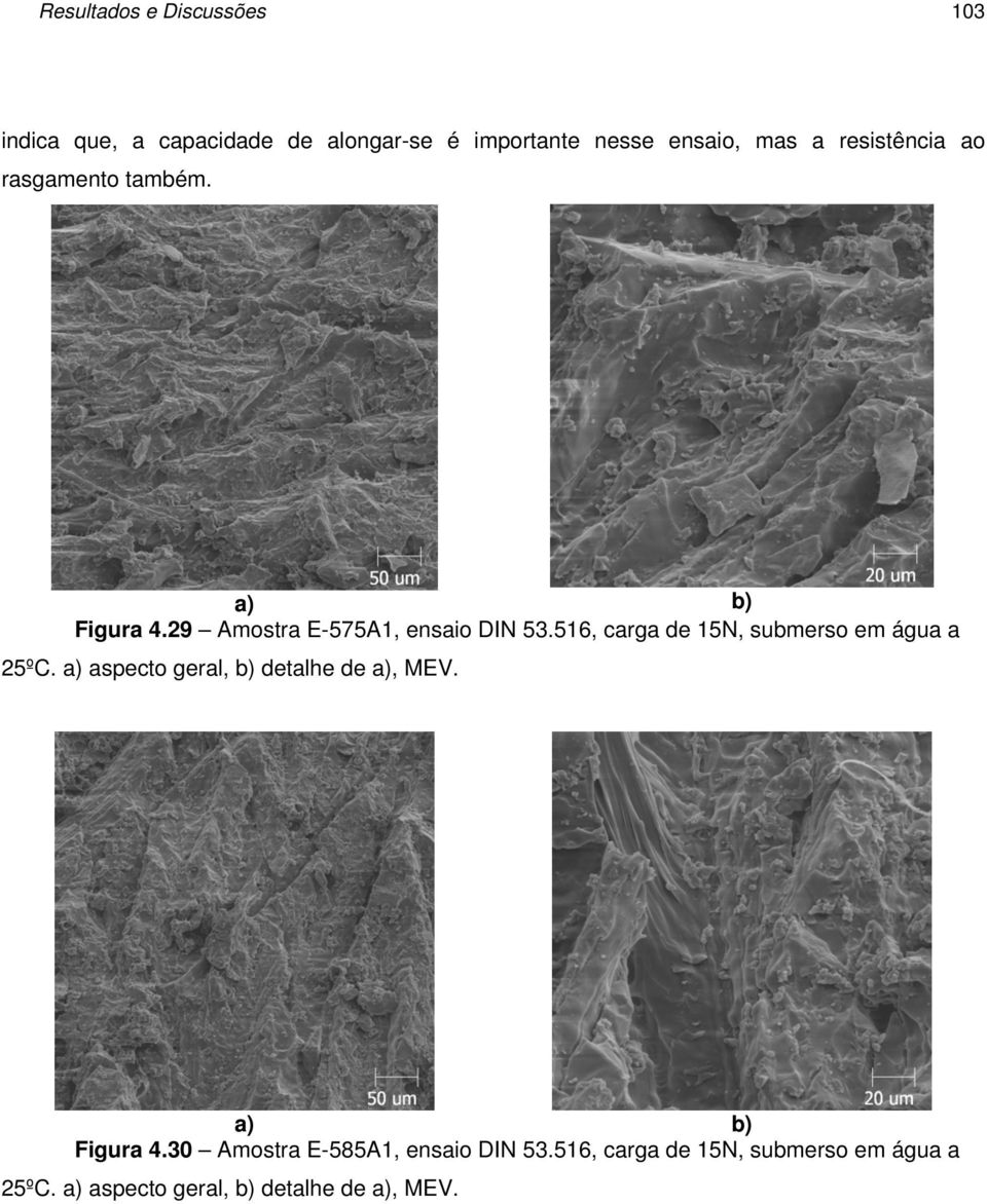 516, carga de 15N, submerso em água a 25ºC. a) aspecto geral, b) detalhe de a), MEV. Figura 4.