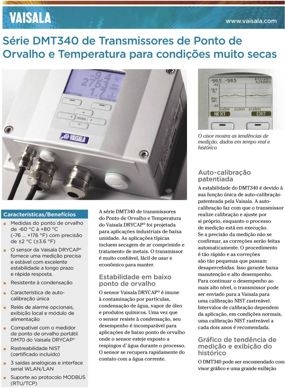 Medidas do ponto de orvalho de -60 C à +80 C (-76... +176 F) com precisão de ±2 C (±3.