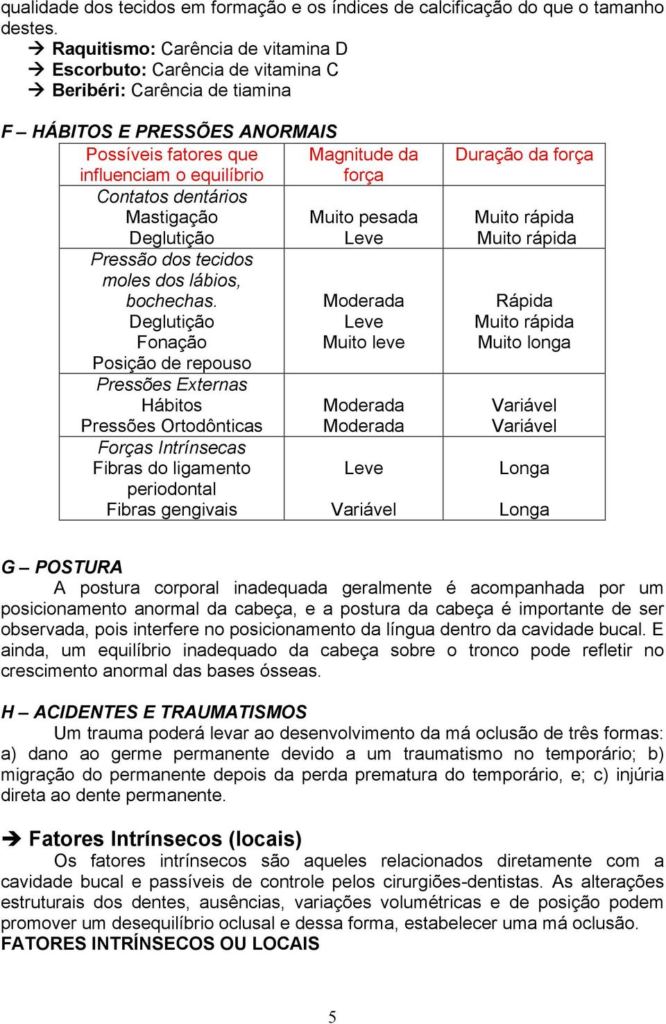 dentários Mastigação Deglutição Pressão dos tecidos moles dos lábios, bochechas.