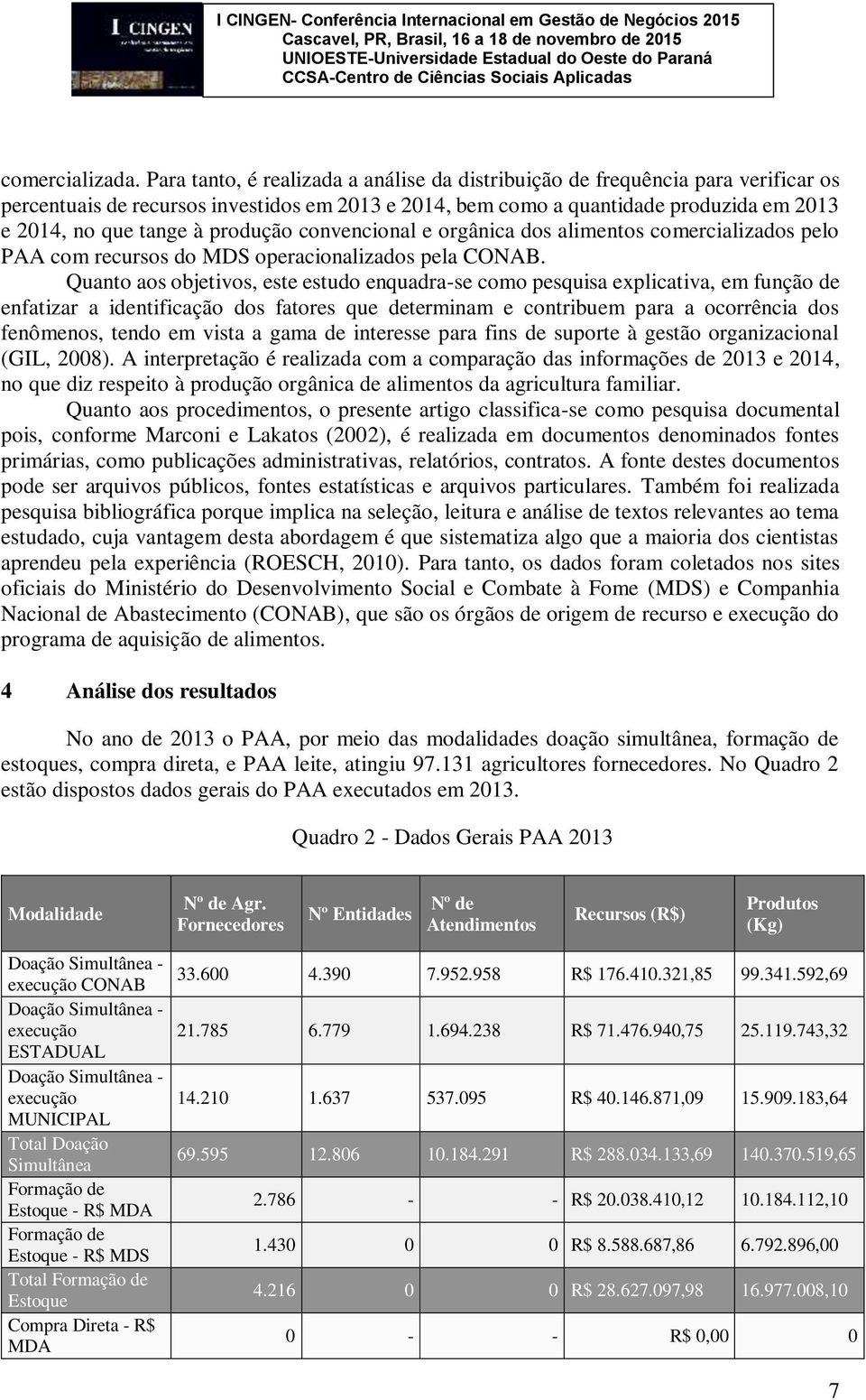 produção convencional e orgânica dos alimentos comercializados pelo PAA com recursos do MDS operacionalizados pela CONAB.