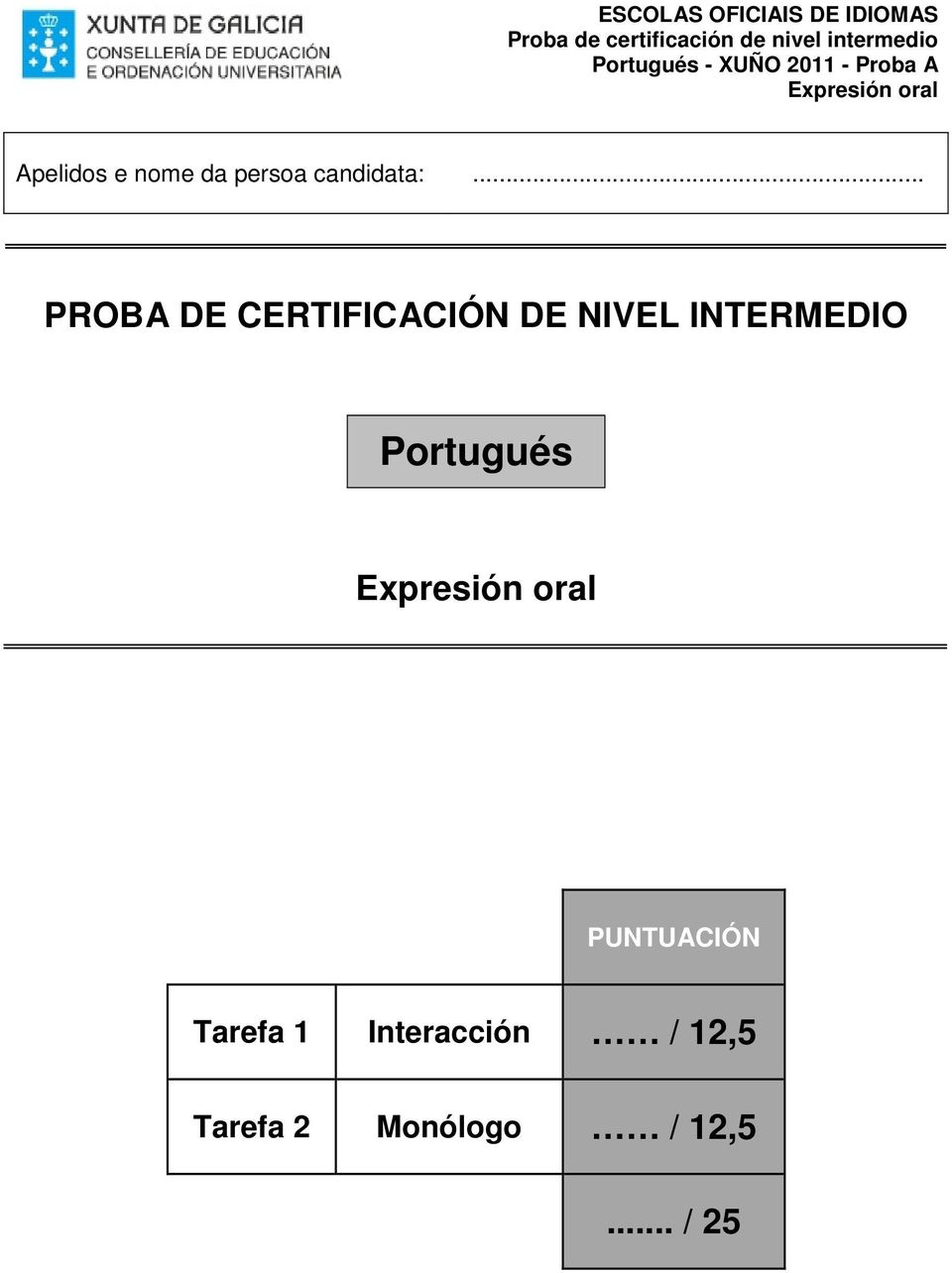 INTERMEDIO Portugués PUNTUACIÓN Tarefa 1