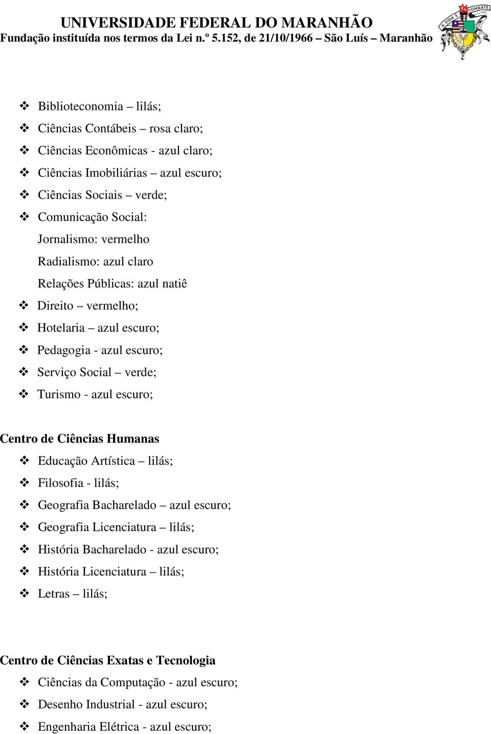 Centro de Ciências Humanas Educação Artística lilás; Filosofia - lilás; Geografia Bacharelado azul escuro; Geografia Licenciatura lilás; História Bacharelado - azul escuro;