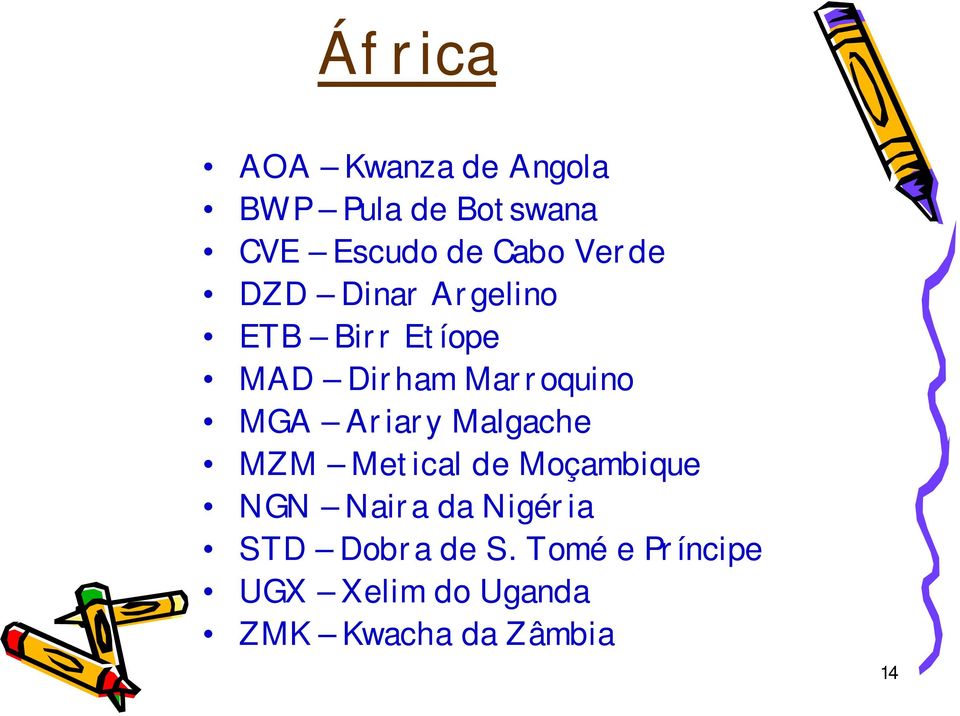 Ariary Malgache MZM Metical de Moçambique NGN Naira da Nigéria STD