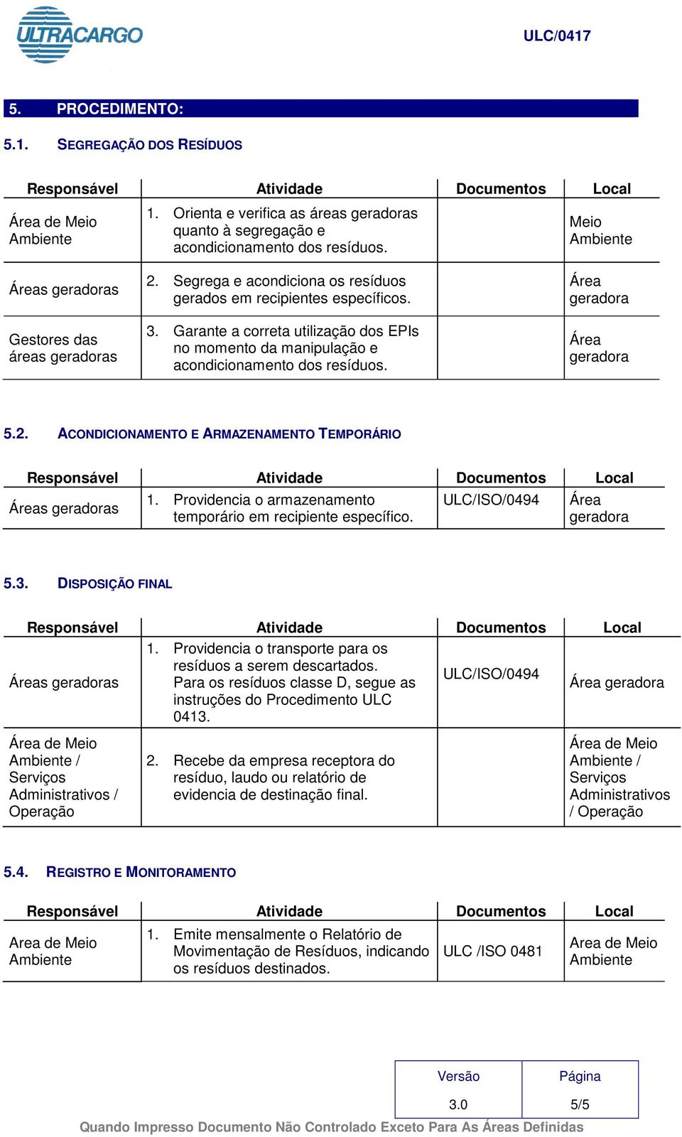 Meio Área geradora Área geradora 5.2. ACONDICIONAMENTO E ARMAZENAMENTO TEMPORÁRIO Áreas geradoras 1. Providencia o armazenamento temporário em recipiente específico. ULC/ISO/0494 Área geradora 5.3.