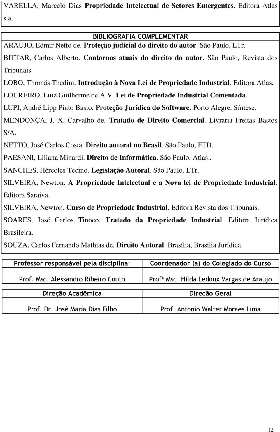 LOUREIRO, Luiz Guilherme de A.V. Lei de Propriedade Industrial Comentada. LUPI, André Lipp Pinto Basto. Proteção Jurídica do Software. Porto Alegre. Síntese. MENDONÇA, J. X. Carvalho de.