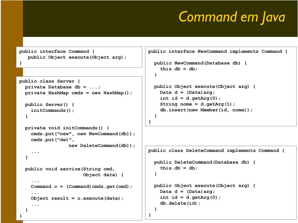 .. public void service(string cmd, Object data) {... Command c = (Command)cmds.get(cmd);... Object result = c.execute(data);.