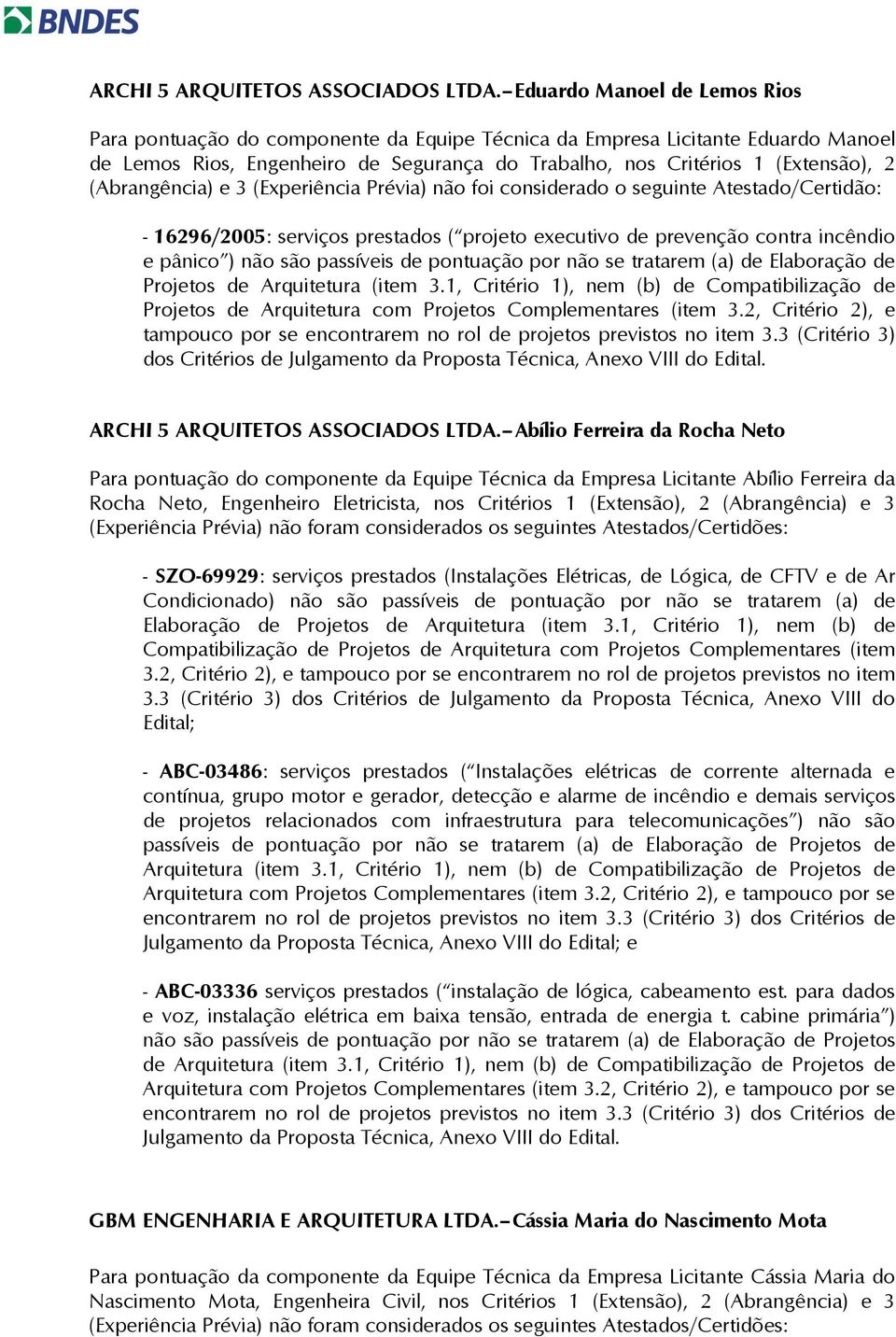 (Abrangência) e 3 (Experiência Prévia) não foi considerado o seguinte Atestado/Certidão: - 16296/25: serviços prestados ( projeto executivo de prevenção contra incêndio e pânico ) não são passíveis