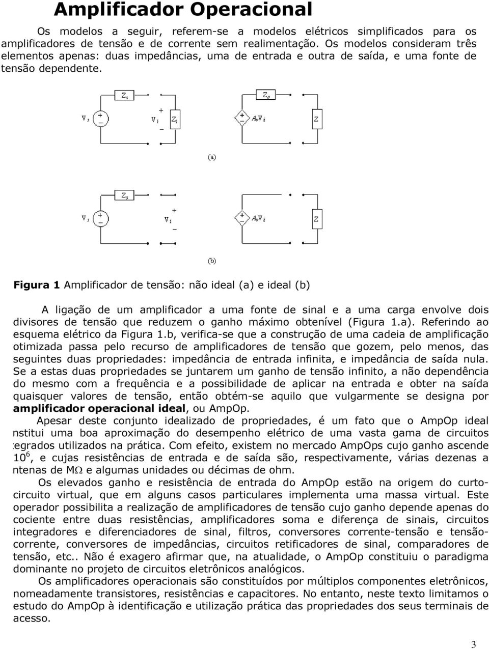 Figura 1 Amplificador de tensão: não ideal (a) e ideal (b) A ligação de um amplificador a uma fonte de sinal e a uma carga envolve dois divisores de tensão que reduzem o ganho máximo obtenível