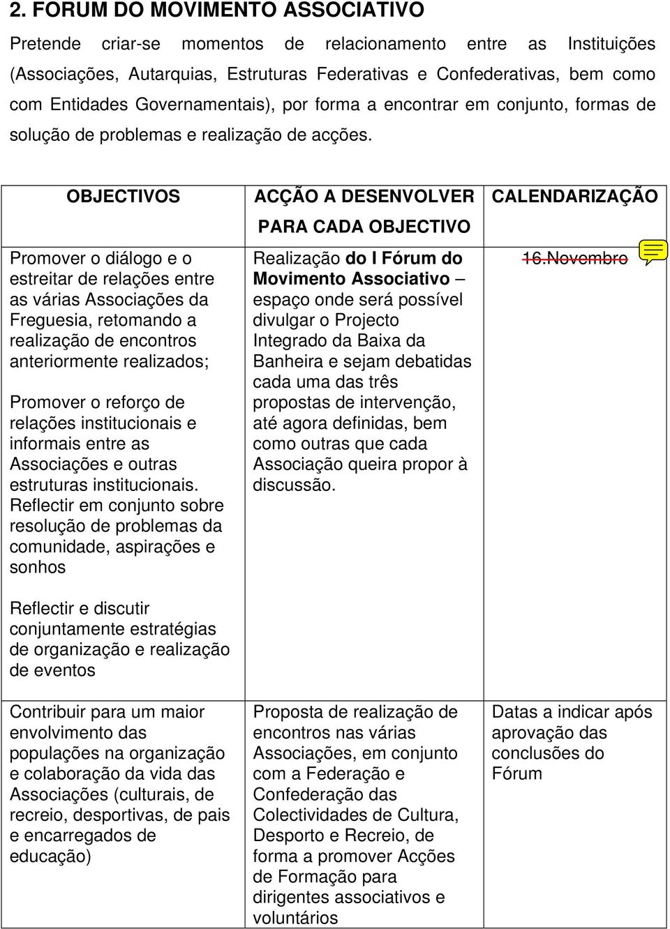 OBJECTIVOS Promover o diálogo e o estreitar de relações entre as várias Associações da Freguesia, retomando a realização de encontros anteriormente realizados; Promover o reforço de relações