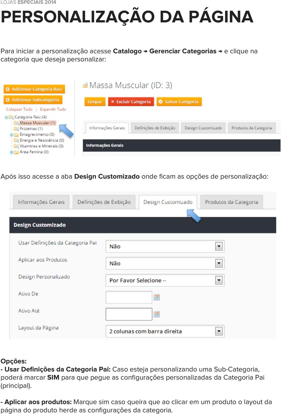 Pai: Caso esteja personalizando uma Sub-Categoria, poderá marcar SIM para que pegue as configurações personalizadas da Categoria Pai