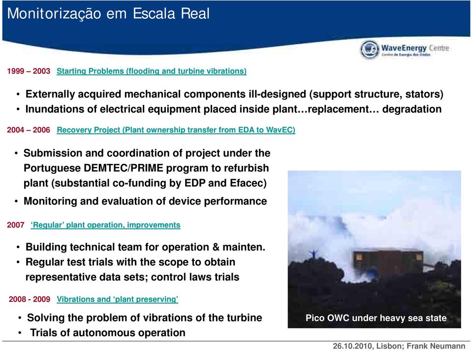 DEMTEC/PRIME program to refurbish plant (substantial co-funding by EDP and Efacec) Monitoring and evaluation of device performance 2007 Regular plant operation, improvements Building technical team