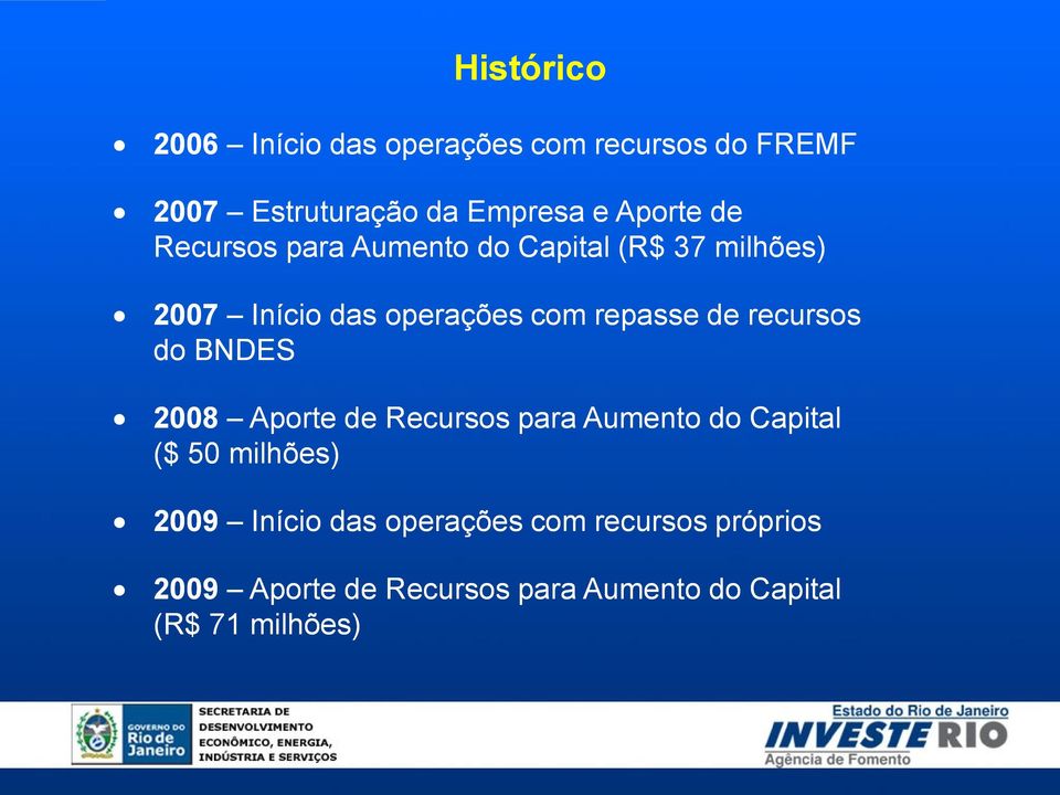 recursos do BNDES 2008 Aporte de Recursos para Aumento do Capital ($ 50 ( milhões 2009 Início
