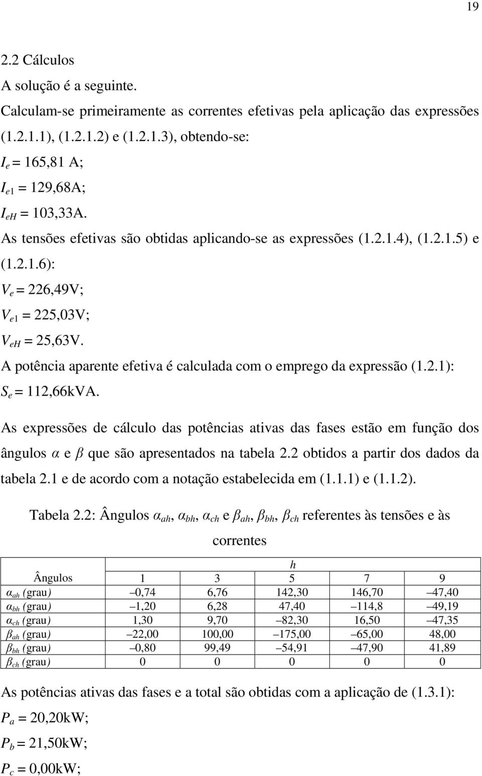 As xprssõs d cálculo das potências ativas das fass stão m função dos ângulos α β qu são aprsntados na tabla. obtidos a partir dos dados da tabla. d acordo com a notação stablcida m (..) (..). Tabla.