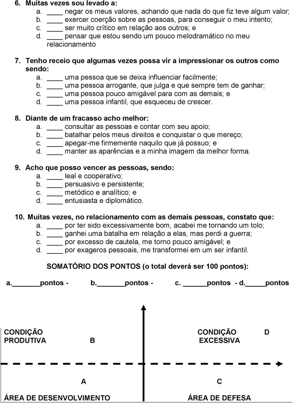 uma pessoa que se deixa influenciar facilmente; b. uma pessoa arrogante, que julga e que sempre tem de ganhar; c. uma pessoa pouco amigável para com as demais; e d.