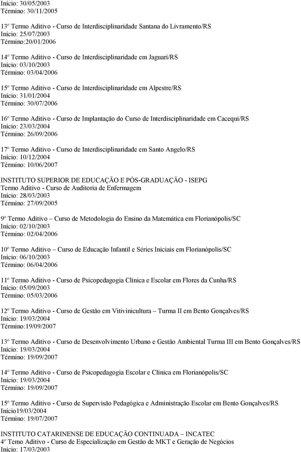 Curso de Implantação do Curso de Interdisciplinaridade em Cacequi/RS Início: 23/03/2004 Término: 26/09/2006 17º Termo Aditivo - Curso de Interdisciplinaridade em Santo Angelo/RS Início: 10/12/2004