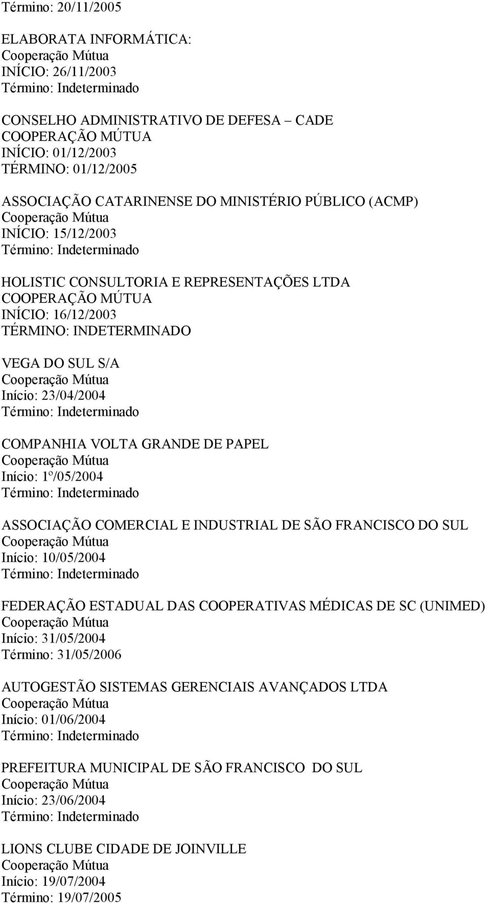 PAPEL Início: 1º/05/2004 ASSOCIAÇÃO COMERCIAL E INDUSTRIAL DE SÃO FRANCISCO DO SUL Início: 10/05/2004 FEDERAÇÃO ESTADUAL DAS COOPERATIVAS MÉDICAS DE SC (UNIMED) Início: 31/05/2004 Término: