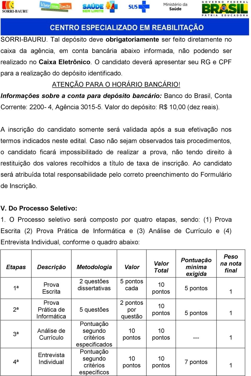 Informações sobre a conta para depósito bancário: Banco do Brasil, Conta Corrente: 2200-4, Agência 3015-5. Valor do depósito: R$,00 (dez reais).