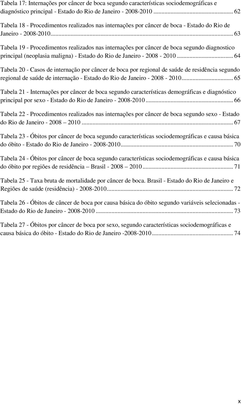 .. 63 Tabela 19 - Procedimentos realizados nas internações por câncer de boca segundo diagnostico principal (neoplasia maligna) - Estado do Rio de Janeiro - 2008-2010.