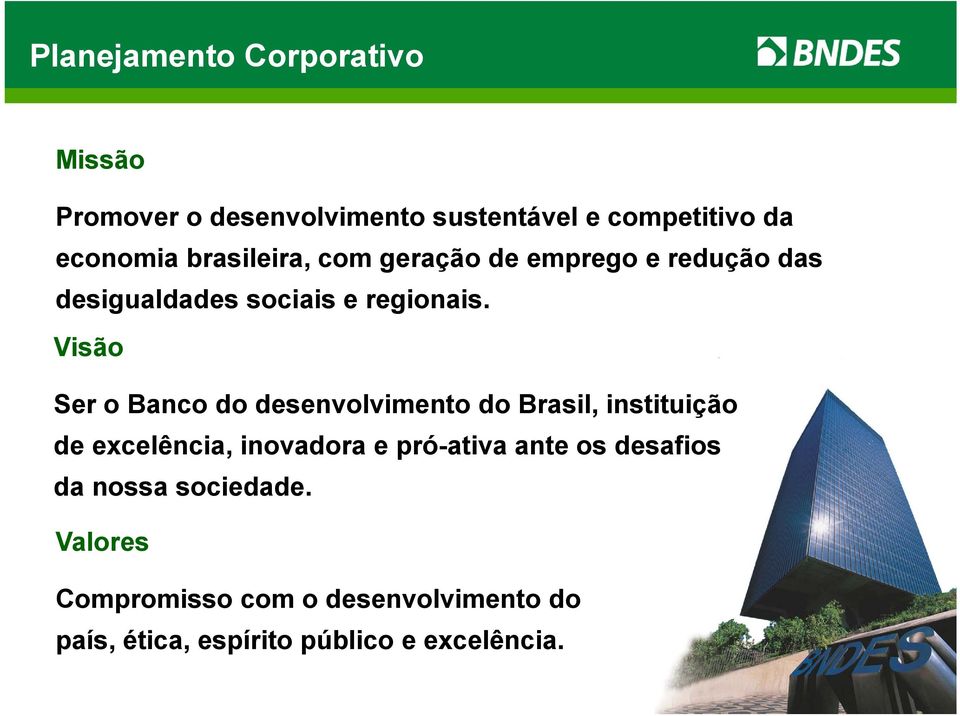 Visão Ser o Banco do desenvolvimento do Brasil, instituição de excelência, inovadora e pró-ativa