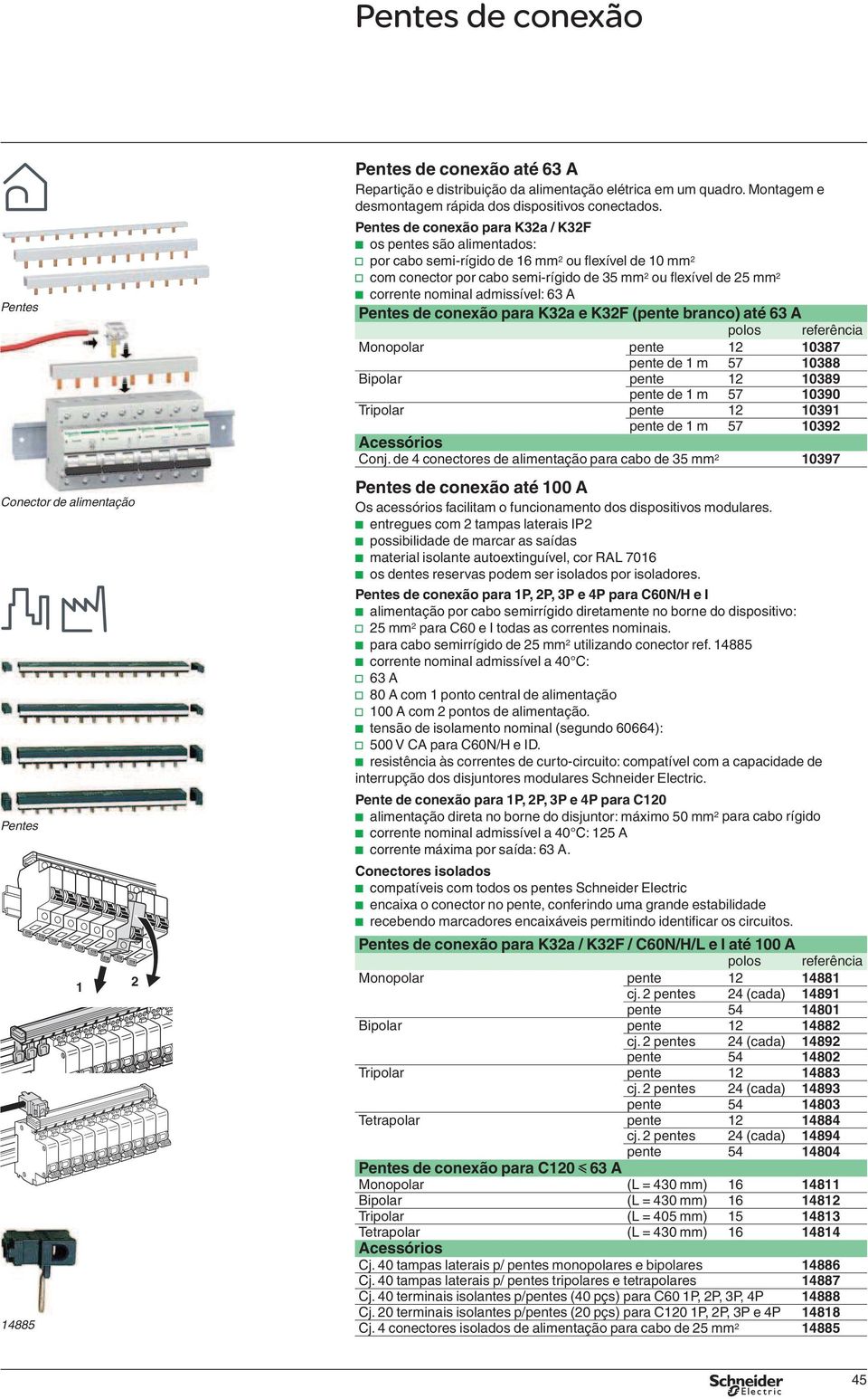 Pentes de conexão para K32a / K32F b os pentes são alimentados: v por cabo semi-rígido de 16 mm2 fl exível de 10 mm 2 v com conector por cabo semi-rígido de 35 mm2 fl exível de 25 mm 2 b corrente