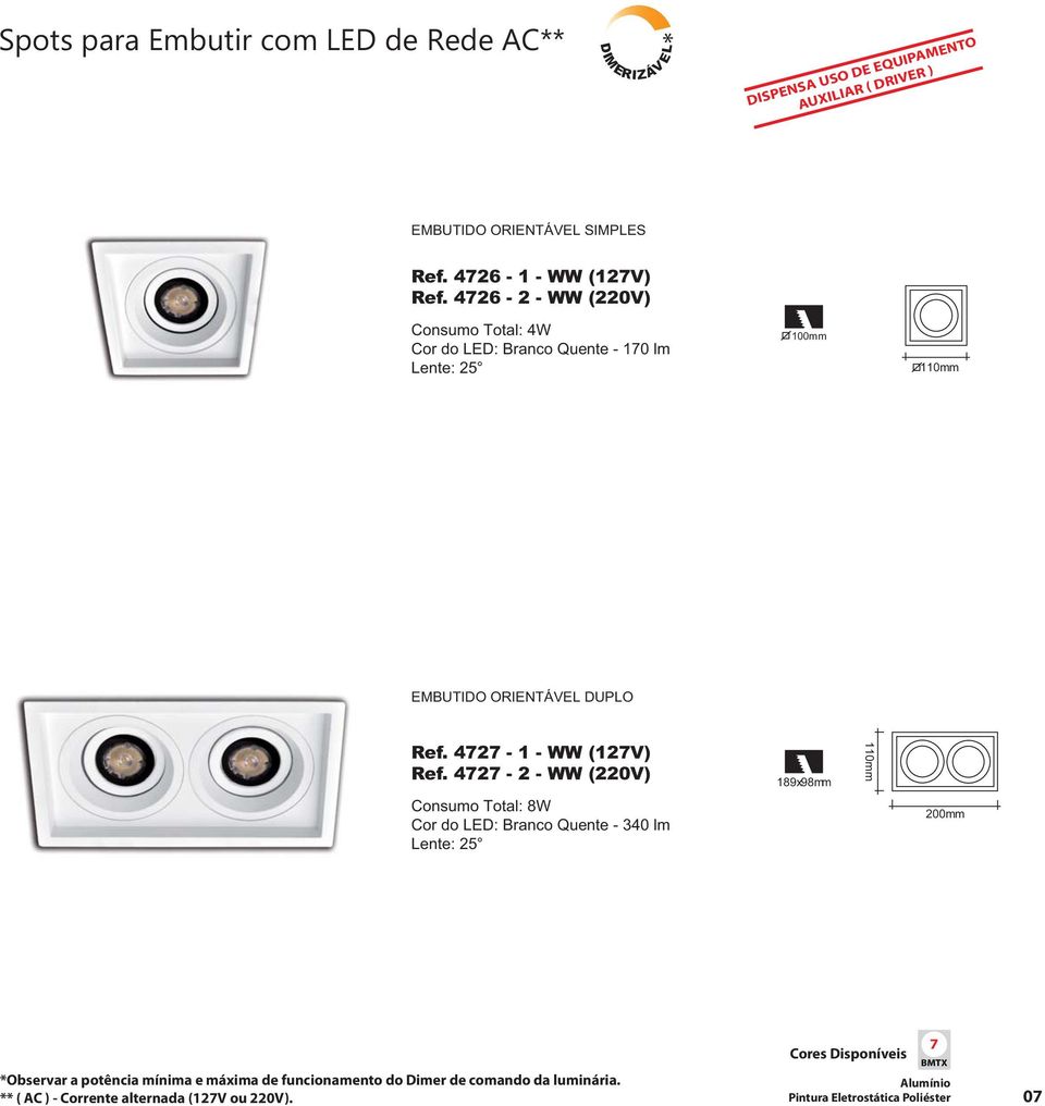 DUPLO 4727-1 - WW (127V) 4727-2 - WW (220V) Consumo Total: 8W Cor do LED: Branco Quente - 340 lm Lente: 25 189x98mm 110mm 200mm