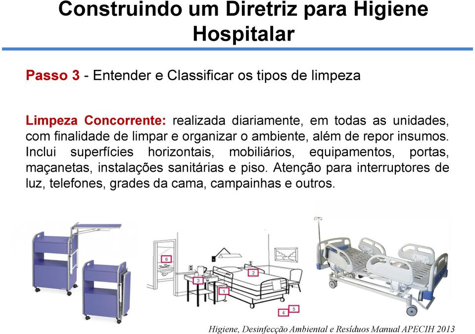 Inclui superfícies horizontais, mobiliários, equipamentos, portas, maçanetas, instalações sanitárias e piso.