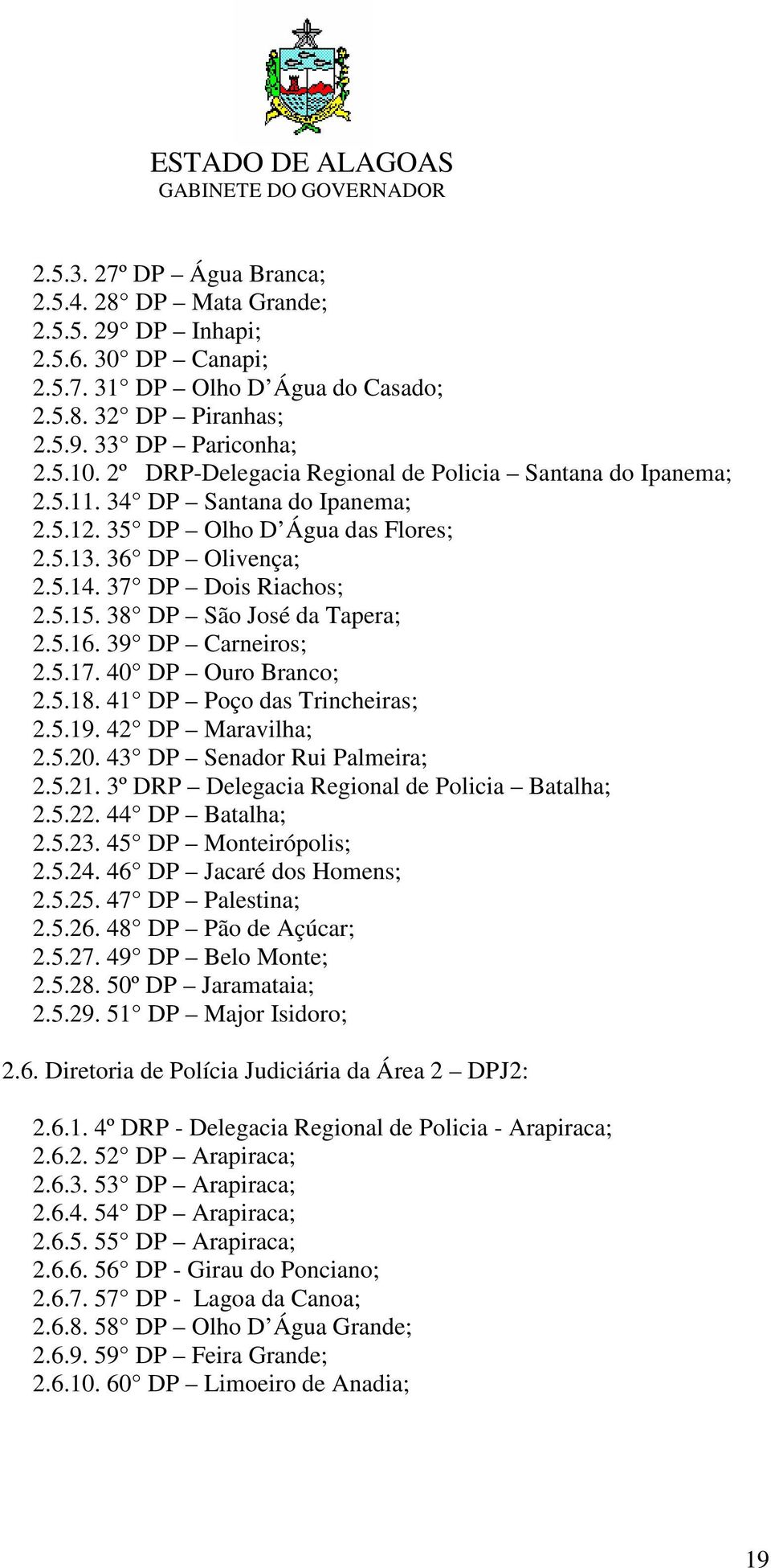 38 DP São José da Tapera; 2.5.16. 39 DP Carneiros; 2.5.17. 40 DP Ouro Branco; 2.5.18. 41 DP Poço das Trincheiras; 2.5.19. 42 DP Maravilha; 2.5.20. 43 DP Senador Rui Palmeira; 2.5.21.