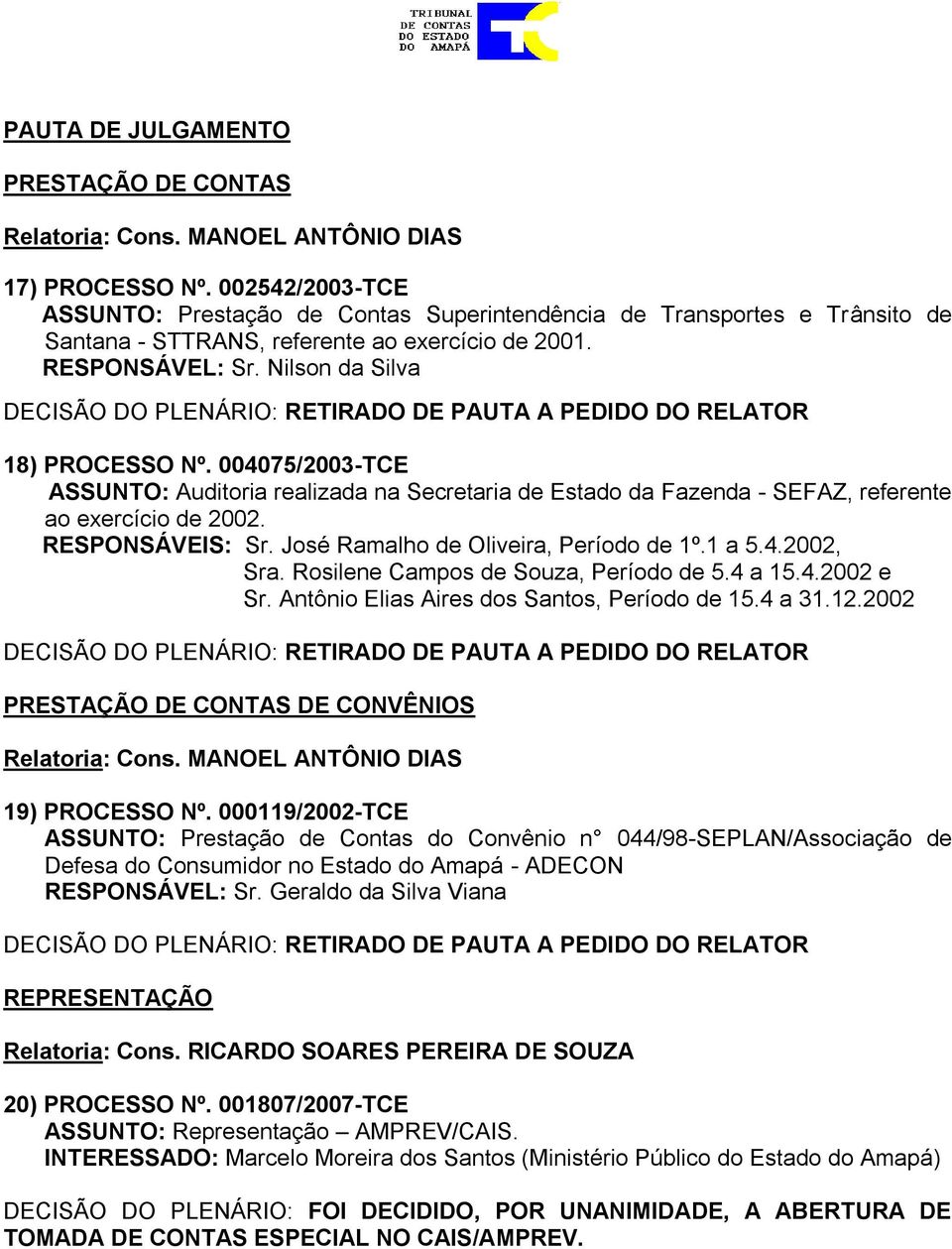 José Ramalho de Oliveira, Período de 1º.1 a 5.4.2002, Sra. Rosilene Campos de Souza, Período de 5.4 a 15.4.2002 e Sr. Antônio Elias Aires dos Santos, Período de 15.4 a 31.12.