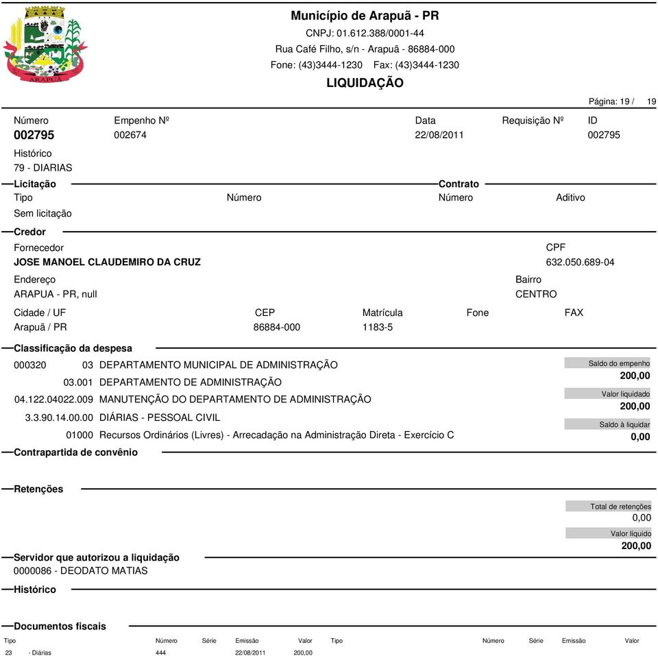 689-04 000320 03 DEPARTAMENTO MUNICIPAL DE ADMINISTRAÇÃO 03.001 DEPARTAMENTO DE ADMINISTRAÇÃO 04.122.04022.
