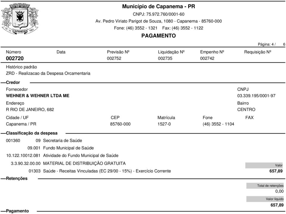 001 Fundo Municipal de Saúde 10.122.10012.081 Atividade do Fundo Municipal de Saúde