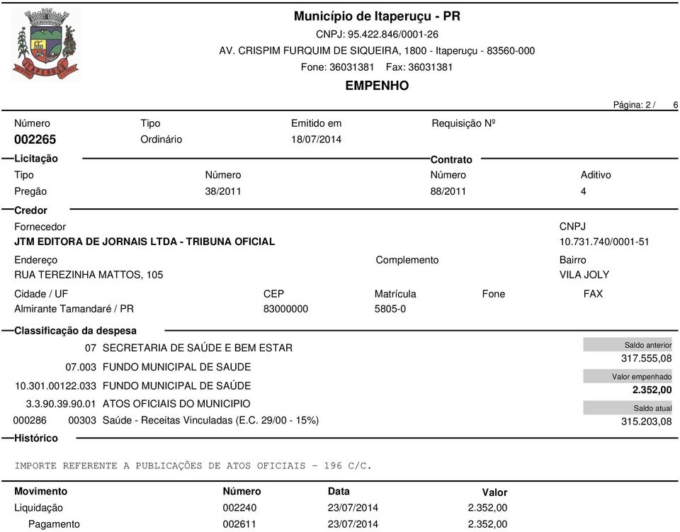 301.00122.033 FUNDO MUNICIPAL DE SAÚDE 3.3.90.39.90.01 ATOS OFICIAIS DO MUNICIPIO 000286 00303 Saúde - Receitas Vinculadas (E.C. 29/00-15%) 317.