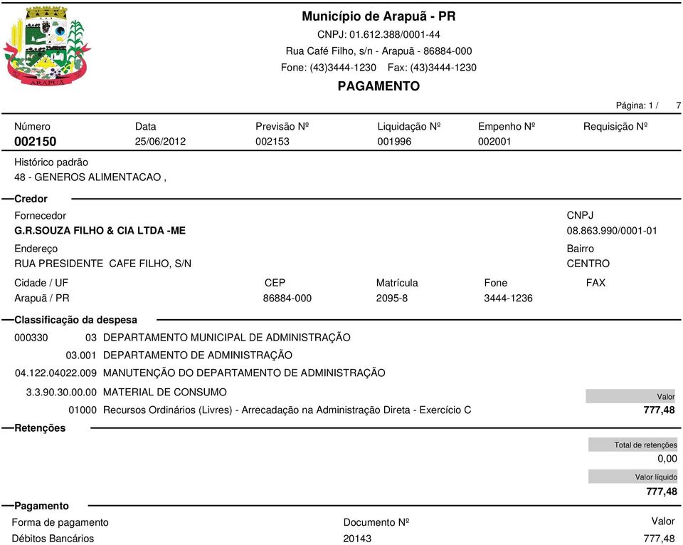 GENEROS ALIMENTACAO, 000330 03 DEPARTAMENTO MUNICIPAL DE ADMINISTRAÇÃO 03.