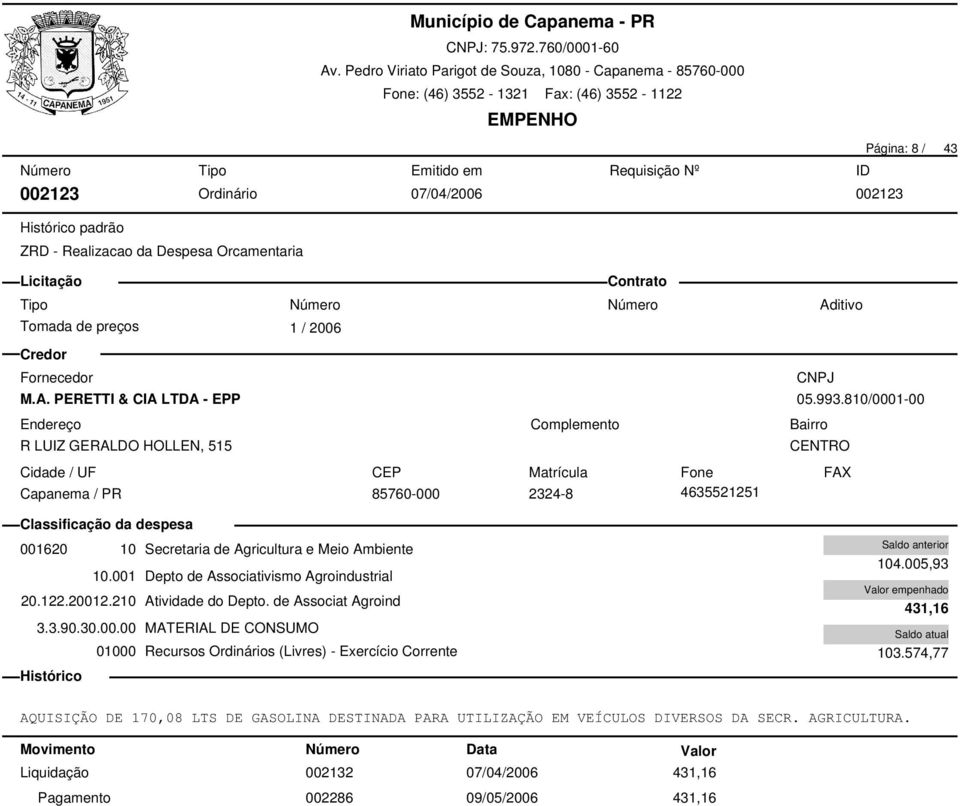 122.20012.210 Atividade do Depto. de Associat Agroind 3.3.90.30.00.00 MATERIAL DE CONSUMO 104.005,93 431,16 103.