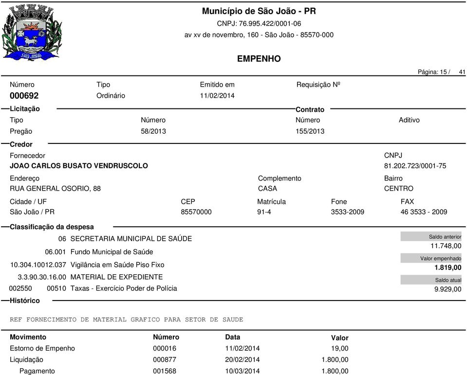 037 Vigilância em Saúde Piso Fixo 3.3.90.30.16.00 MATERIAL DE EXPEDIENTE 002550 00510 Taxas - Exercício Poder de Polícia 11.748,00 1.819,00 9.