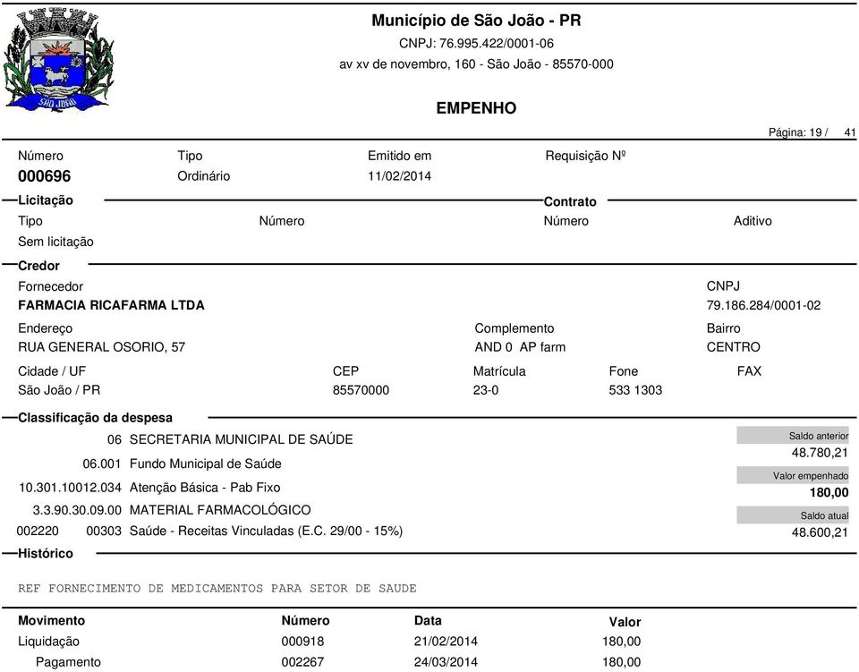 10012.034 Atenção Básica - Pab Fixo 3.3.90.30.09.00 MATERIAL FARMACOLÓGICO 002220 00303 Saúde - Receitas Vinculadas (E.C. 29/00-15%) 48.