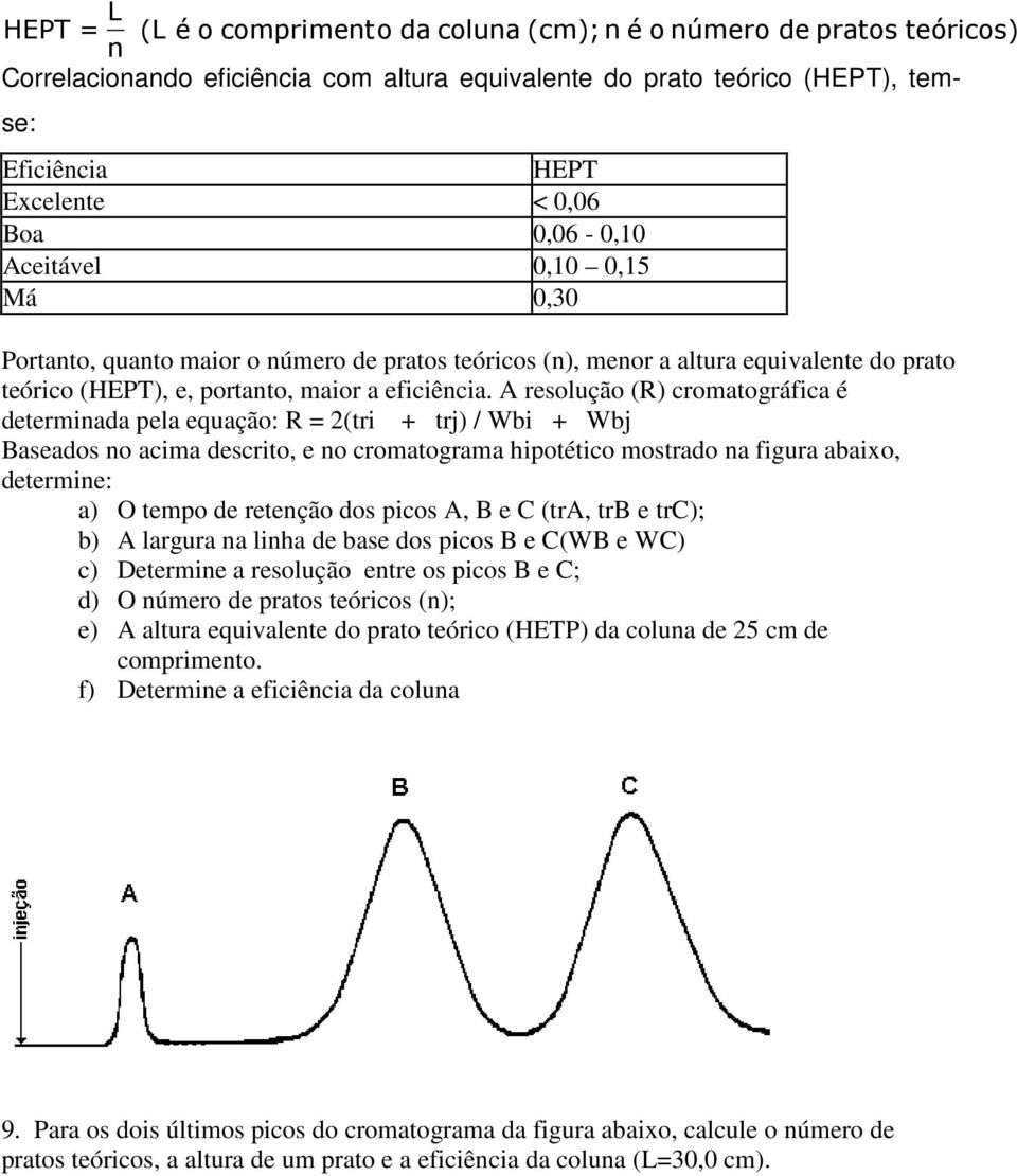 A resolução (R) cromatográfica é determinada pela equação: R = 2(tri + trj) / Wbi + Wbj Baseados no acima descrito, e no cromatograma hipotético mostrado na figura abaixo, determine: a) O tempo de