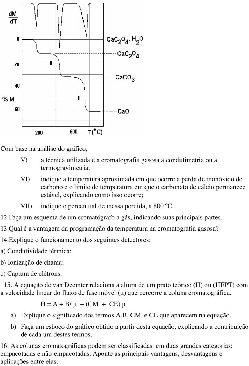 Faça um esquema de um cromatógrafo a gás, indicando suas principais partes, 13.Qual é a vantagem da programação da temperatura na cromatografia gasosa? 14.