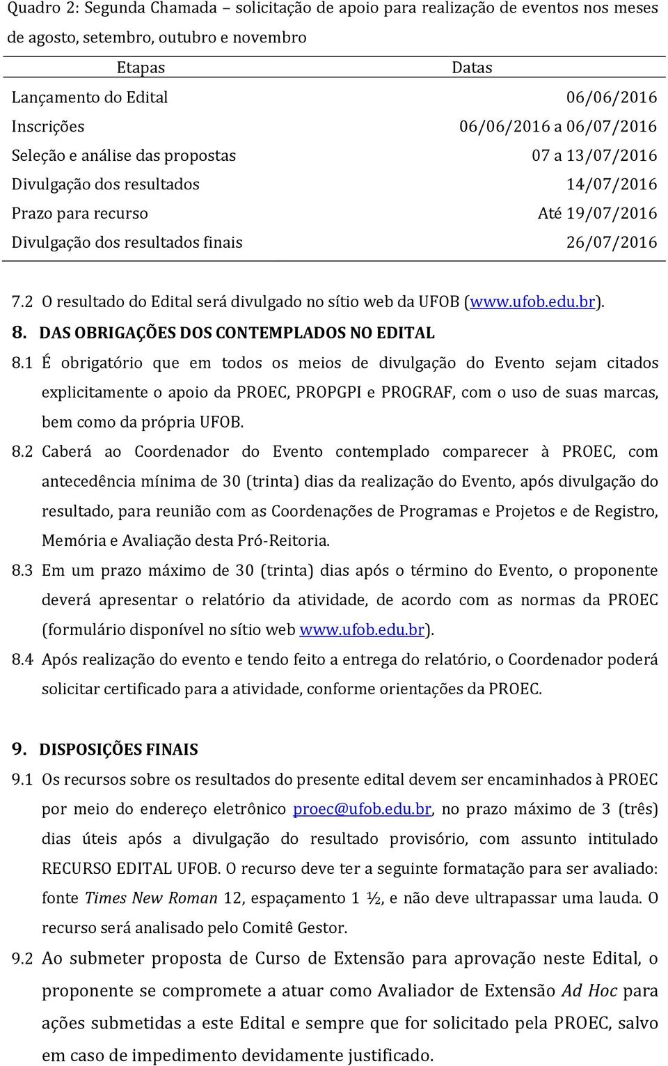 2 O resultado do Edital será divulgado no sítio web da UFOB (www.ufob.edu.br). 8. DAS OBRIGAÇÕES DOS CONTEMPLADOS NO EDITAL 8.