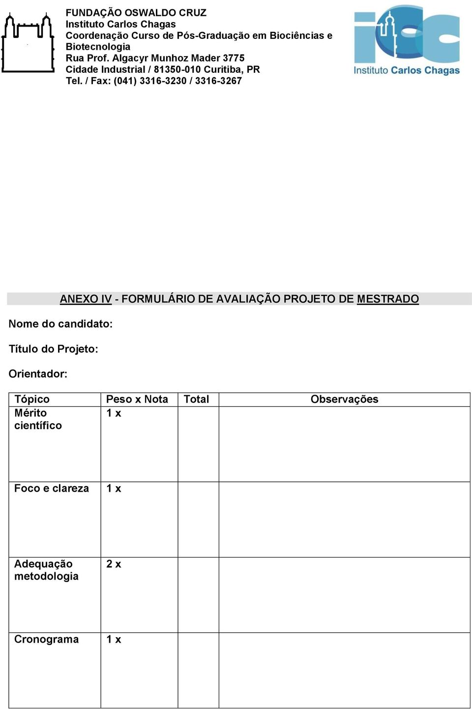 Tópico Peso x Nota Total Observações Mérito 1 x