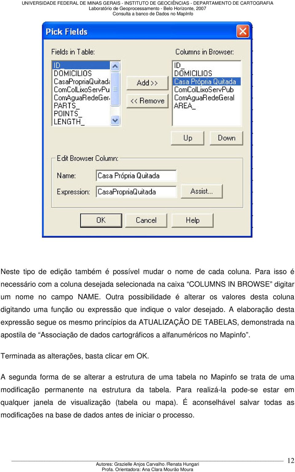 A elaboração desta expressão segue os mesmo princípios da ATUALIZAÇÃO DE TABELAS, demonstrada na apostila de Associação de dados cartográficos a alfanuméricos no Mapinfo.