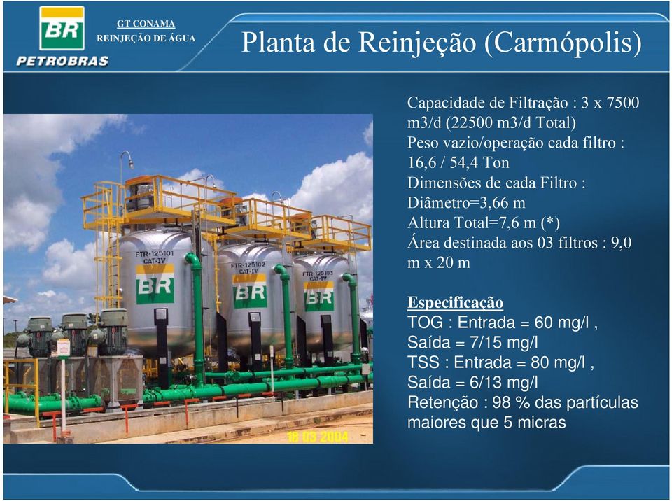 Total=7,6 m (*) Área destinada aos 03 filtros : 9,0 m x 20 m Especificação TOG : Entrada = 60 mg/l,